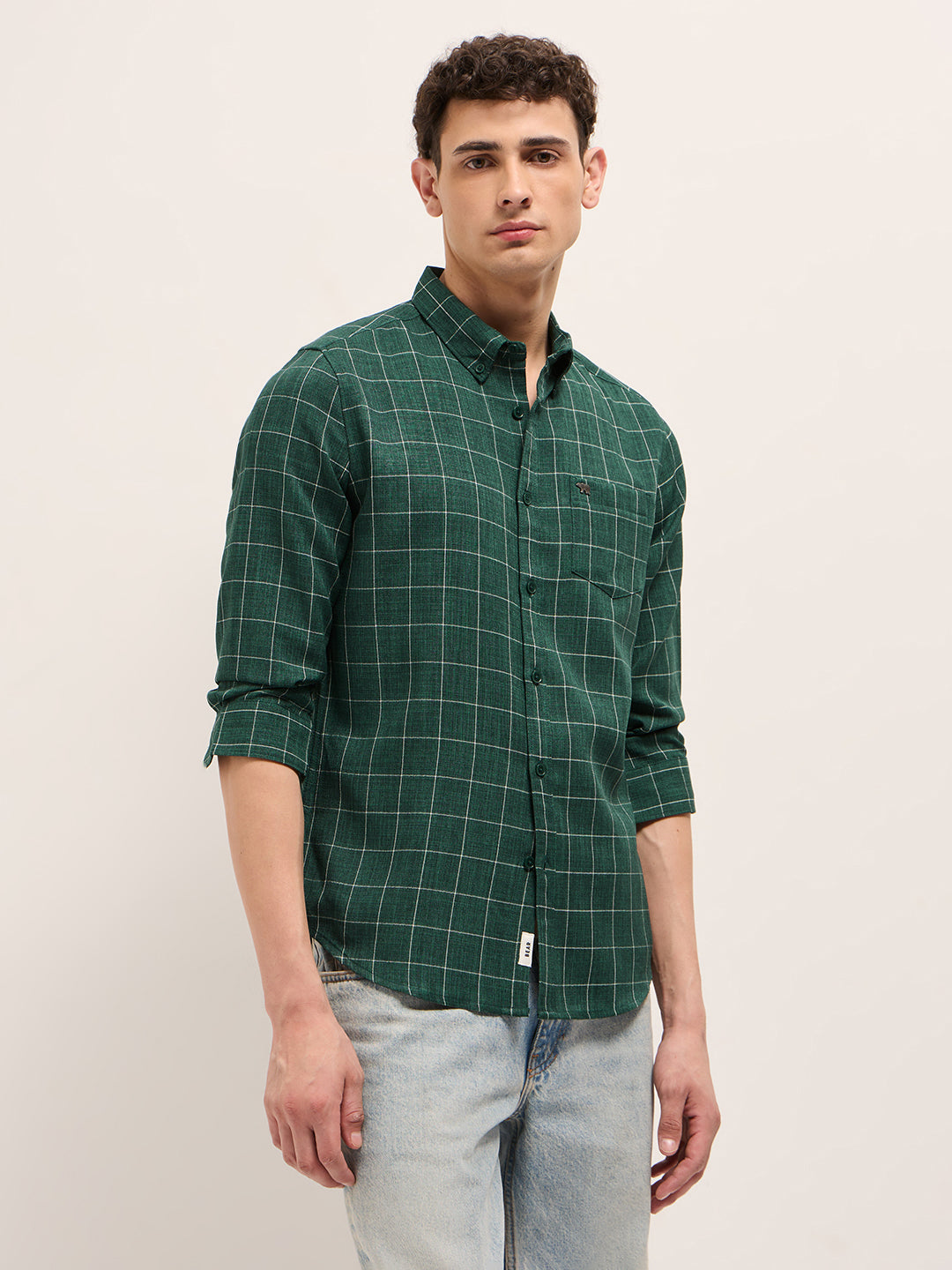 Green Block Checks Slim Fit Casual Shirt
