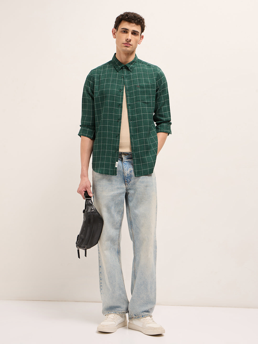 Green Block Checks Slim Fit Casual Shirt