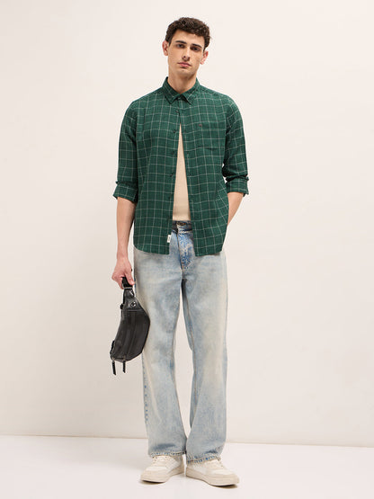 Green Block Checks Slim Fit Casual Shirt