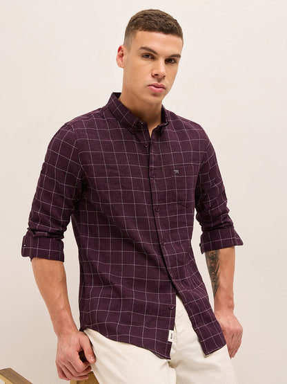 Maroon Block Checks Slim Fit Casual Shirt