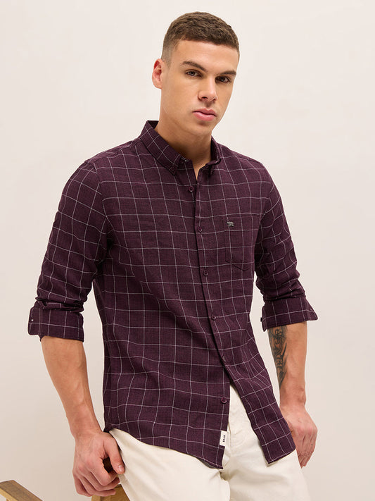 Maroon Block Checks Slim Fit Casual Shirt