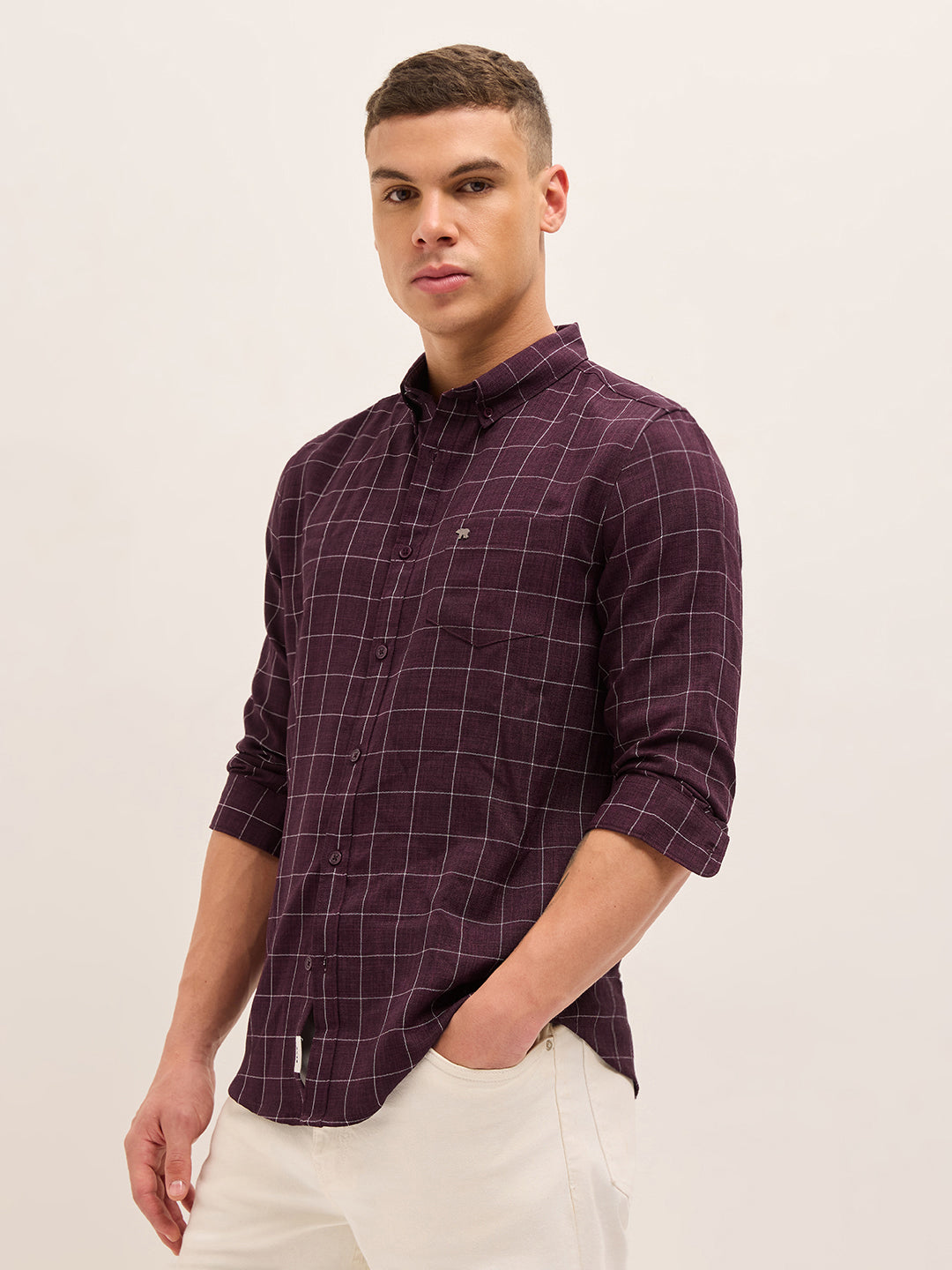 Maroon Block Checks Slim Fit Casual Shirt