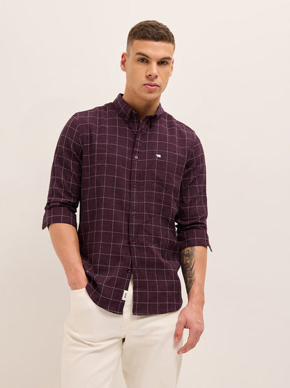 Maroon Block Checks Slim Fit Casual Shirt