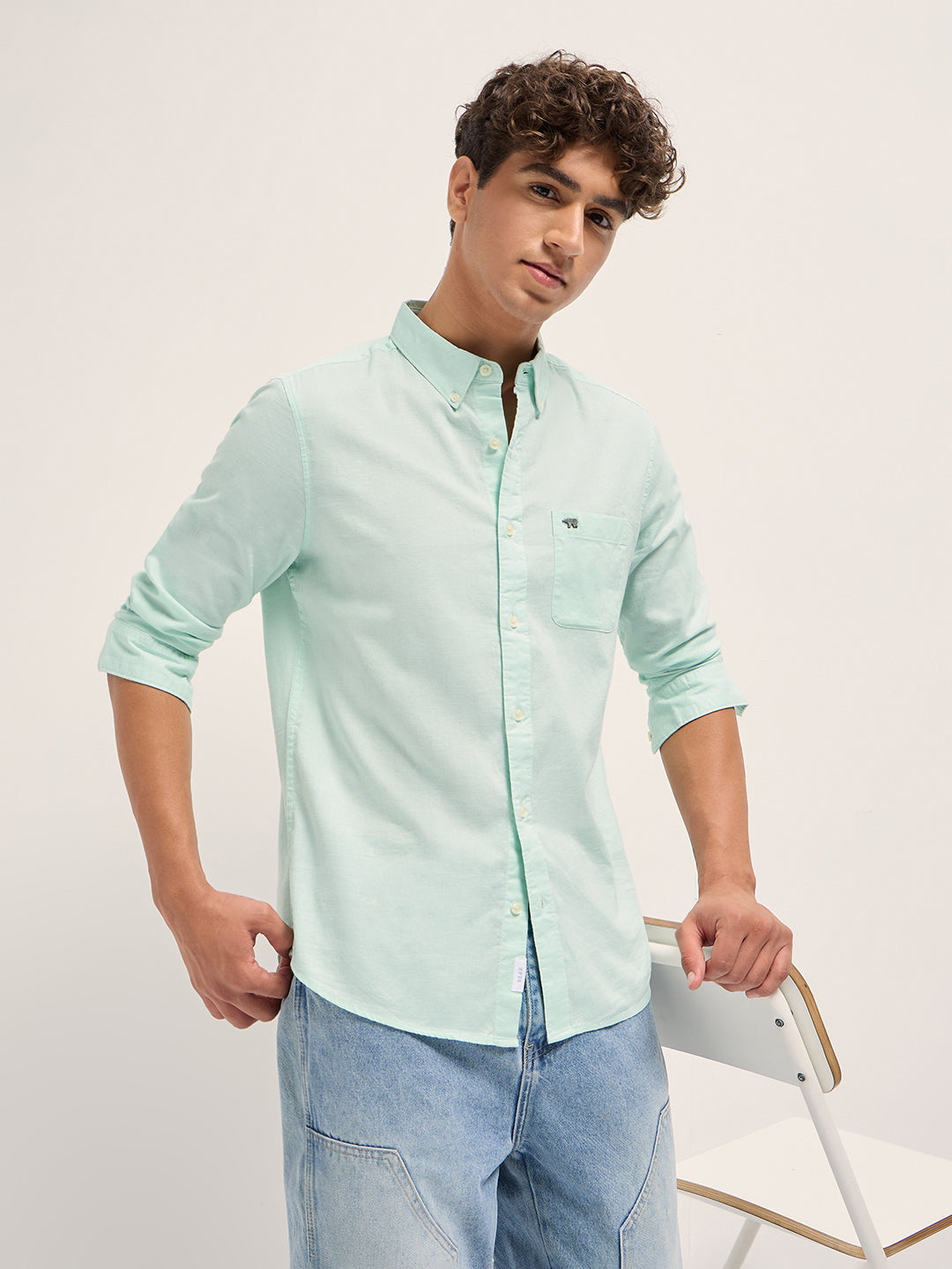 Green Cotton Linen Solid Slim Fit Casual Shirt