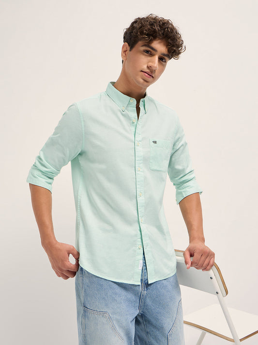 Green Cotton Linen Solid Slim Fit Casual Shirt
