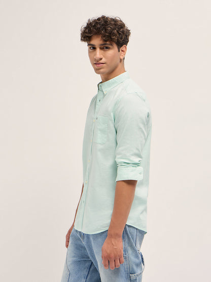 Green Cotton Linen Solid Slim Fit Casual Shirt