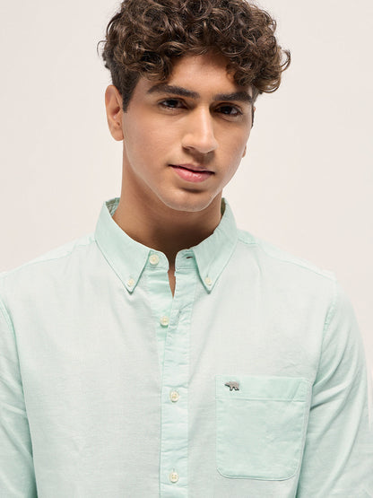 Green Cotton Linen Solid Slim Fit Casual Shirt