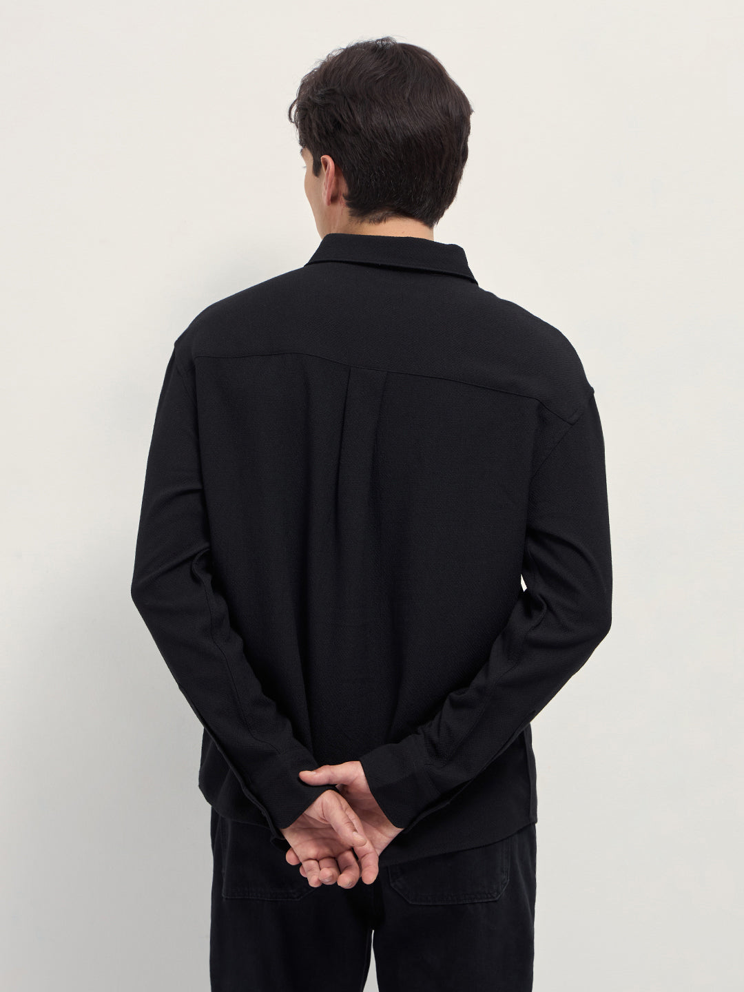 Black Woven Textured Relaxed Fit Casual Shirt