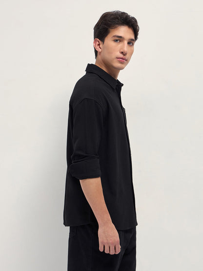 Black Woven Textured Relaxed Fit Casual Shirt