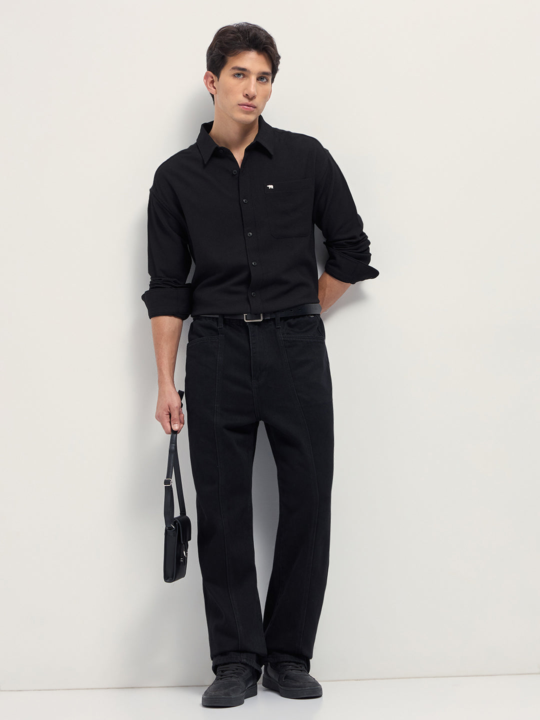 Black Woven Textured Relaxed Fit Casual Shirt