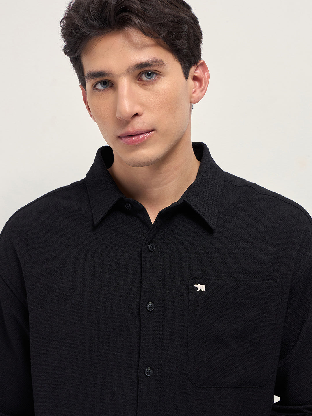 Black Woven Textured Relaxed Fit Casual Shirt