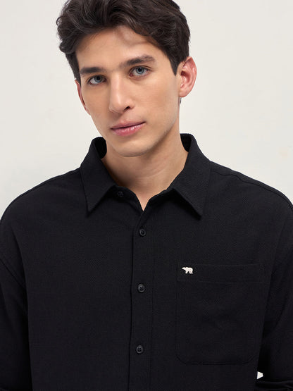 Black Woven Textured Relaxed Fit Casual Shirt
