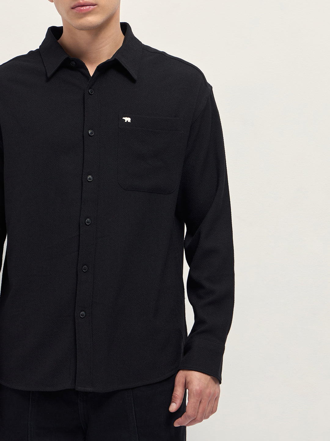 Black Woven Textured Relaxed Fit Casual Shirt