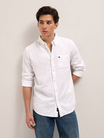 White Solid Slim Fit Cotton Casual Shirt with Button-Down Collar