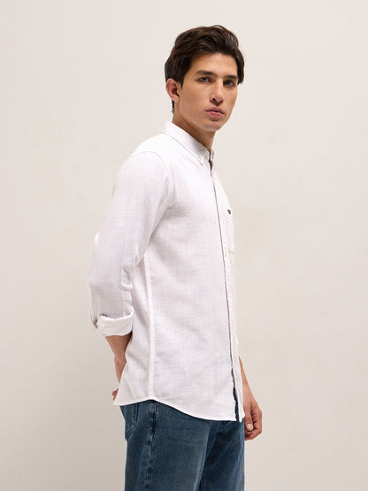 White Solid Slim Fit Cotton Casual Shirt with Button-Down Collar
