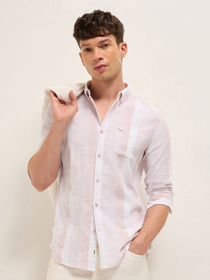 Pink Textured Woven Stripe Slim Fit Cotton Casual Shirt