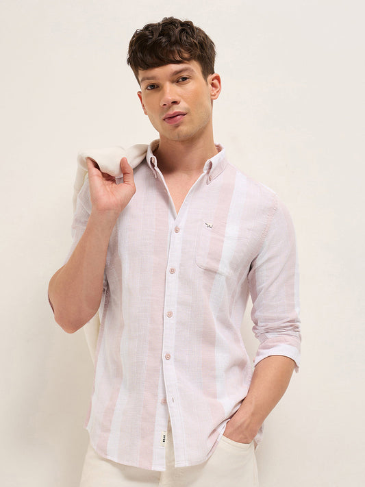Pink Textured Woven Stripe Slim Fit Cotton Casual Shirt