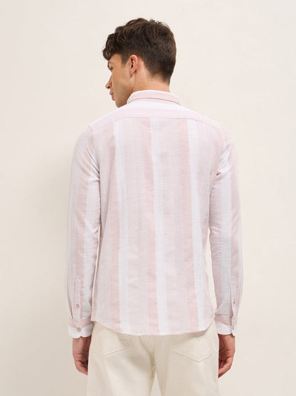 Pink Textured Woven Stripe Slim Fit Cotton Casual Shirt