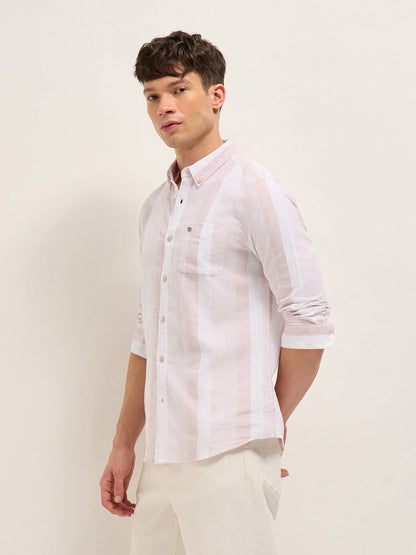 Pink Textured Woven Stripe Slim Fit Cotton Casual Shirt
