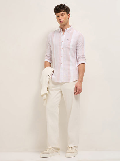 Pink Textured Woven Stripe Slim Fit Cotton Casual Shirt