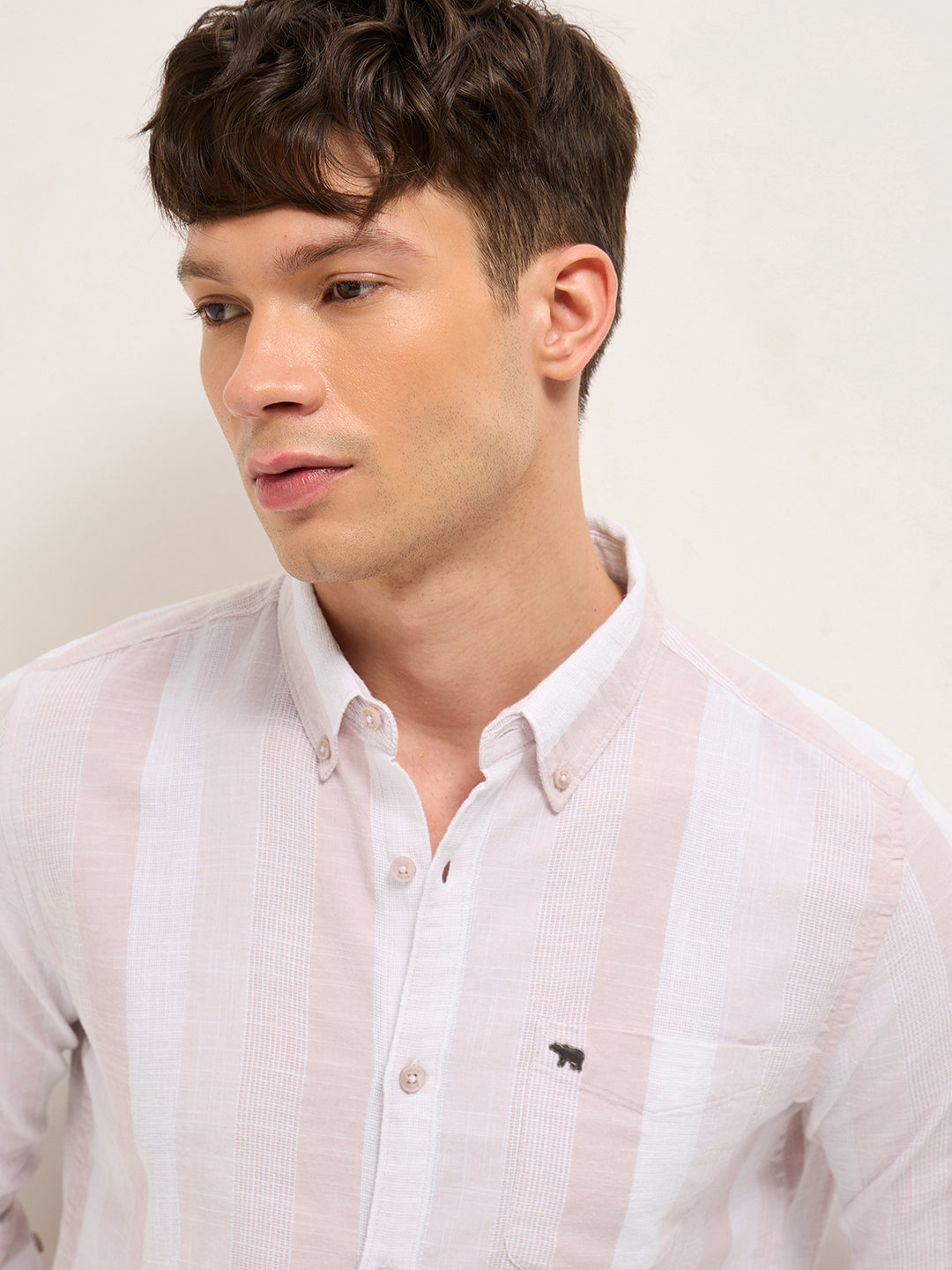 Pink Textured Woven Stripe Slim Fit Cotton Casual Shirt