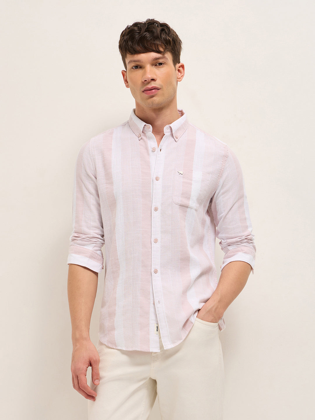 Pink Textured Woven Stripe Slim Fit Cotton Casual Shirt