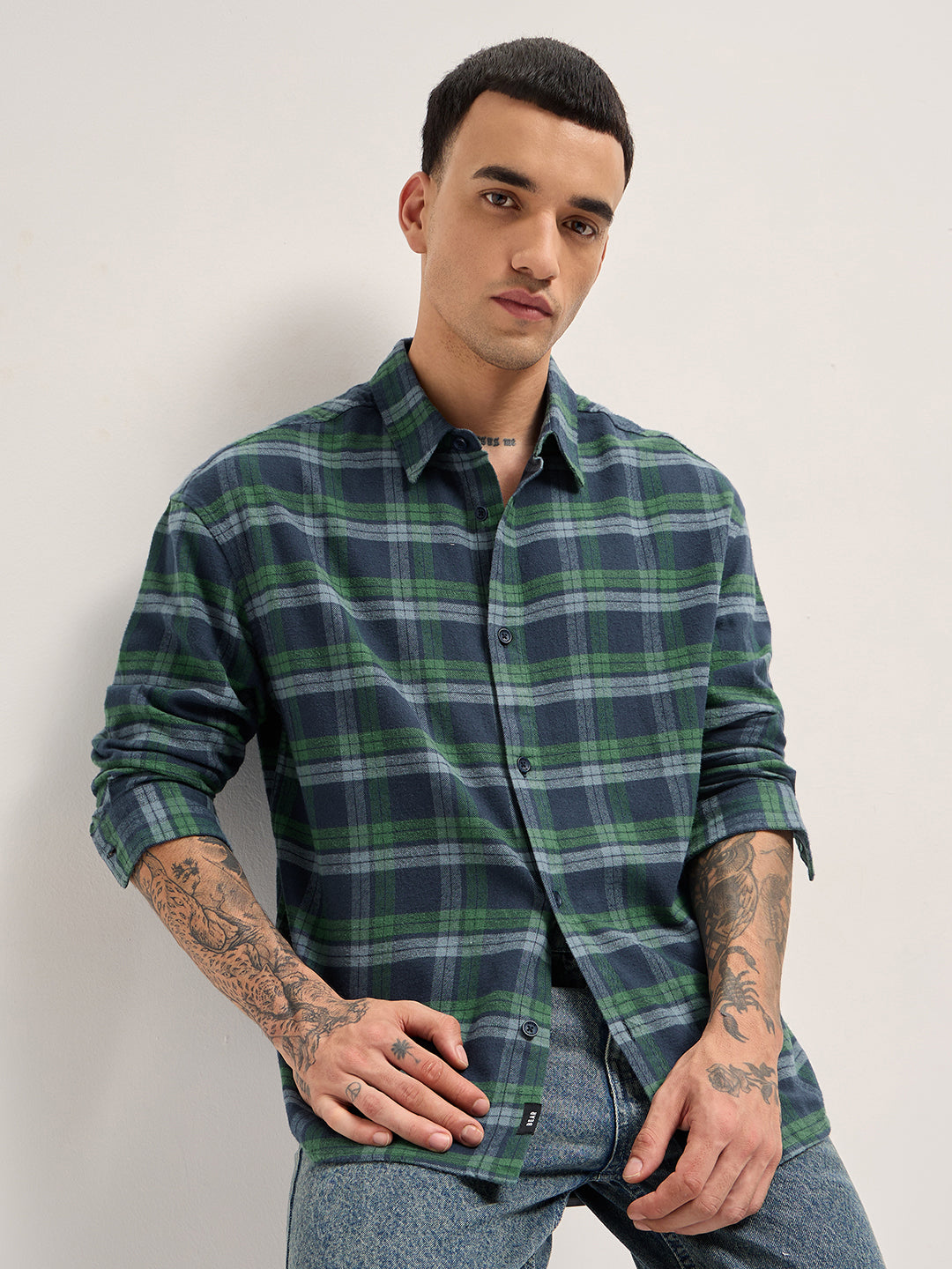 Blue and Green Plaid Check Relaxed Fit Overshirt