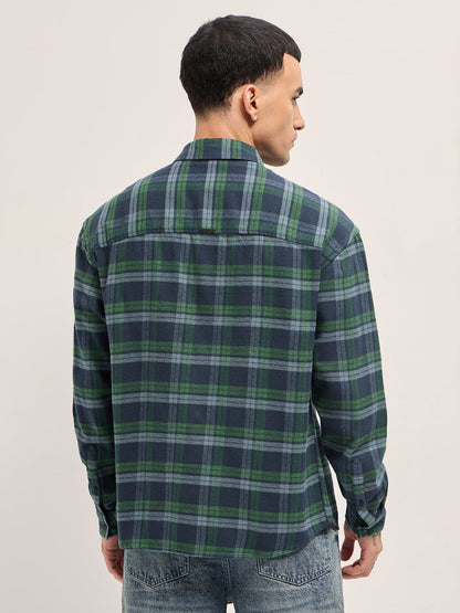 Blue and Green Plaid Check Relaxed Fit Overshirt