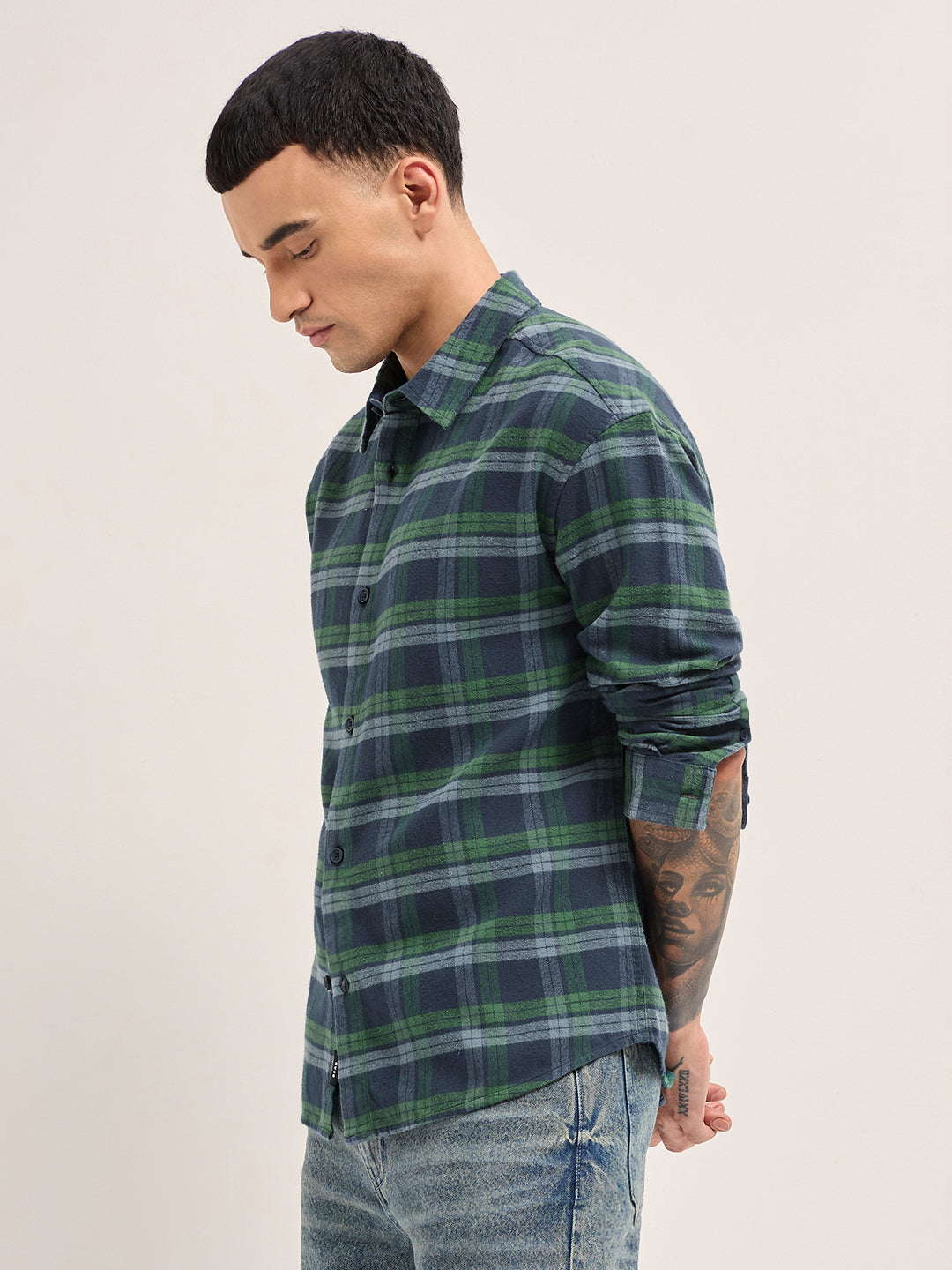 Blue and Green Plaid Check Relaxed Fit Overshirt