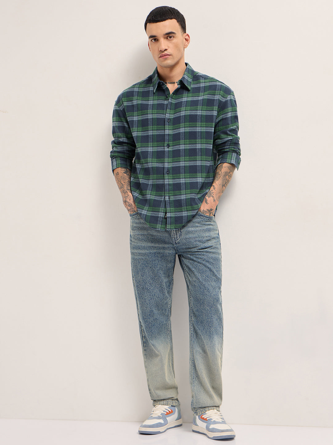 Blue and Green Plaid Check Relaxed Fit Overshirt