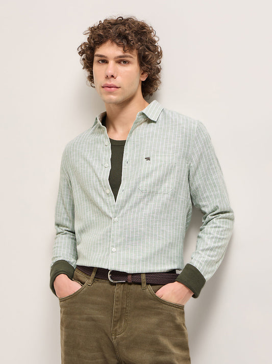 Light Green with White Stripes Slim Fit Casual Shirt