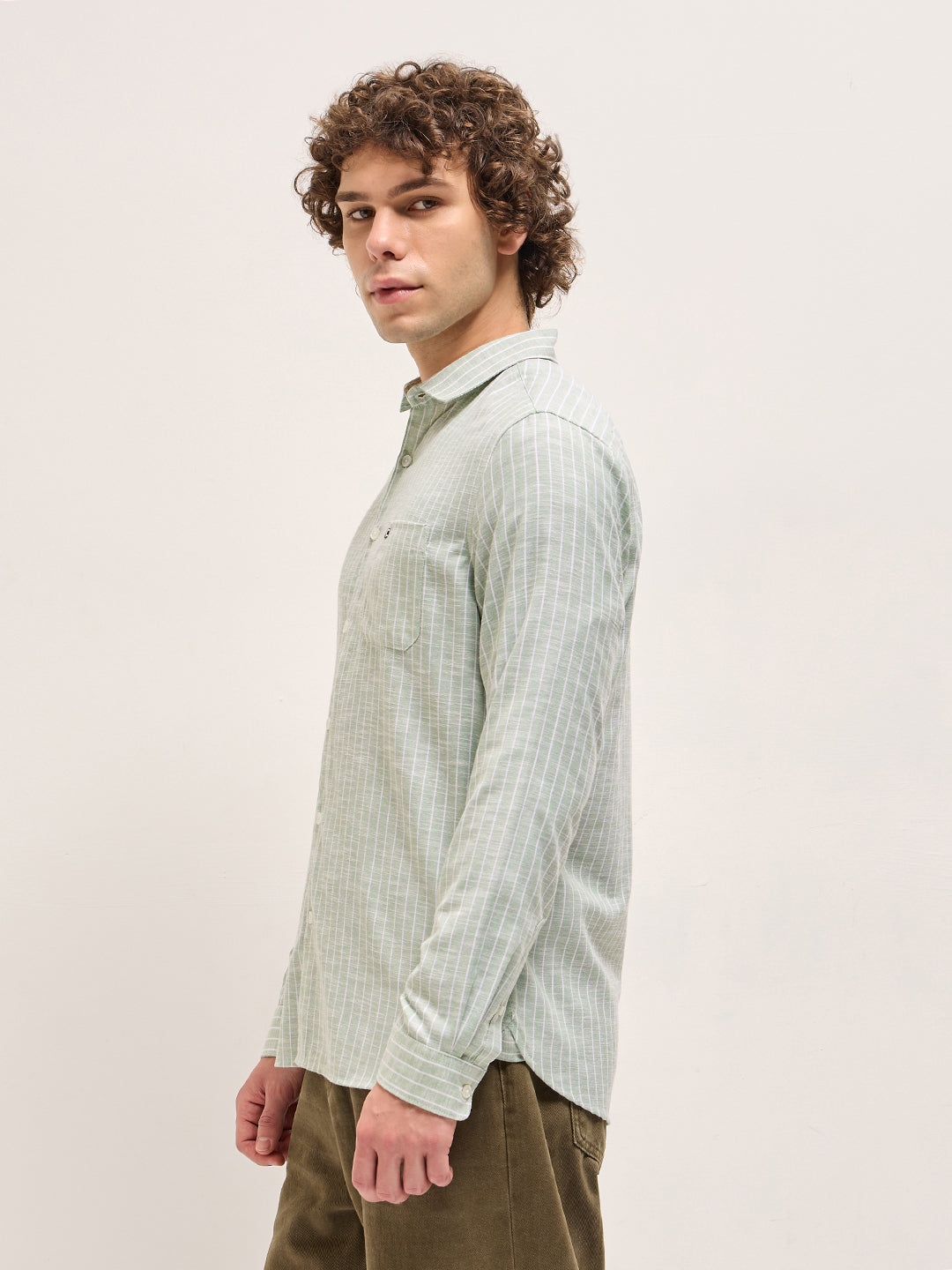 Light Green with White Stripes Slim Fit Casual Shirt