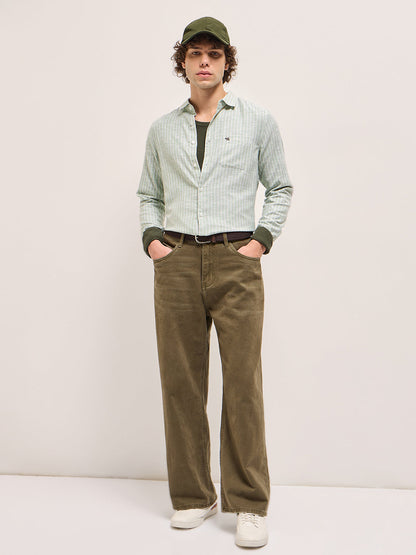 Light Green with White Stripes Slim Fit Casual Shirt