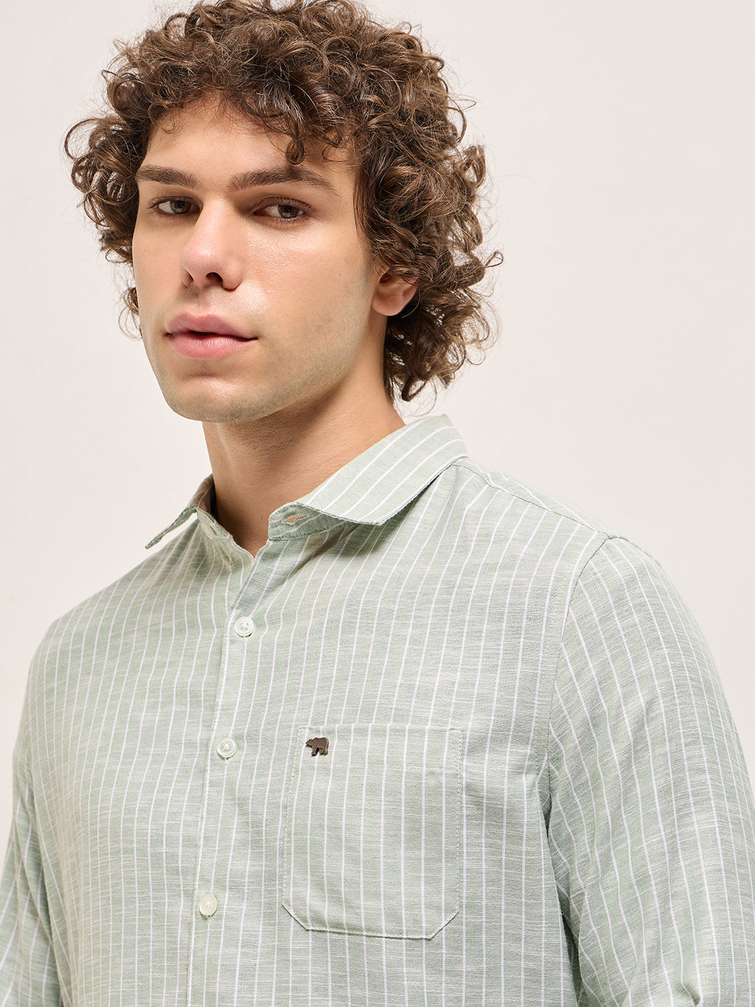 Light Green with White Stripes Slim Fit Casual Shirt