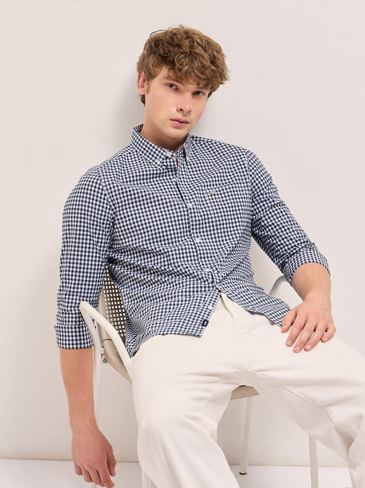 Blue with White Gingham Checks Slim Fit Casual Shirt