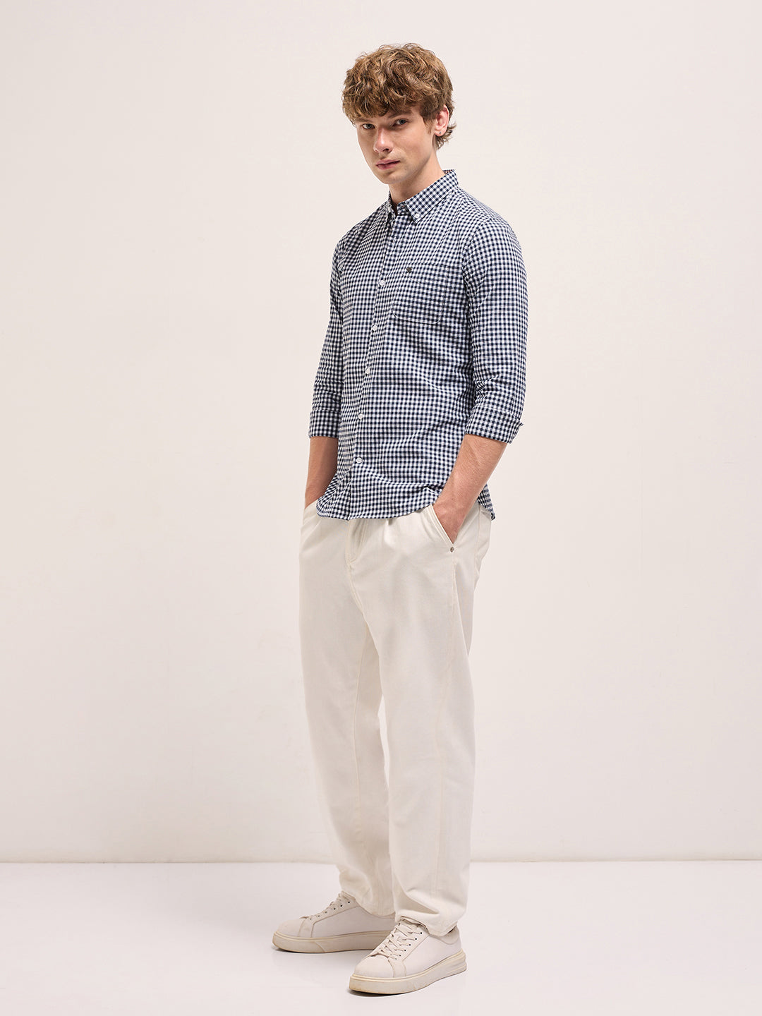 Blue with White Gingham Checks Slim Fit Casual Shirt