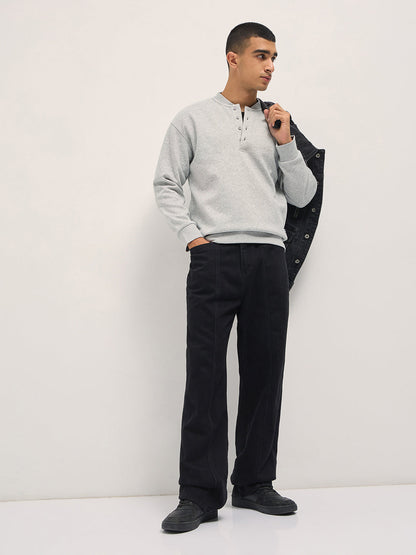 Light Grey Solid Relaxed Fit Henley Neck T-Shirt with Ribbed Hem and Cuffs
