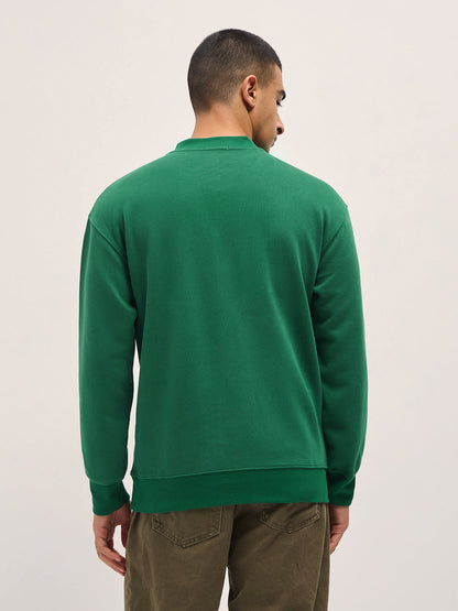 Green Solid Relaxed Fit Henley Neck T-Shirt with Ribbed Hem and Cuffs