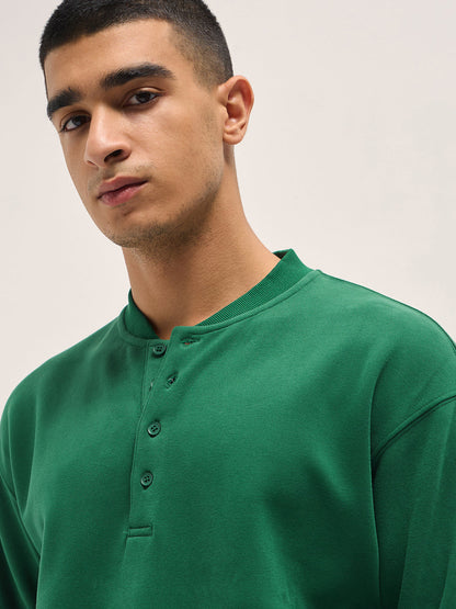 Green Solid Relaxed Fit Henley Neck T-Shirt with Ribbed Hem and Cuffs