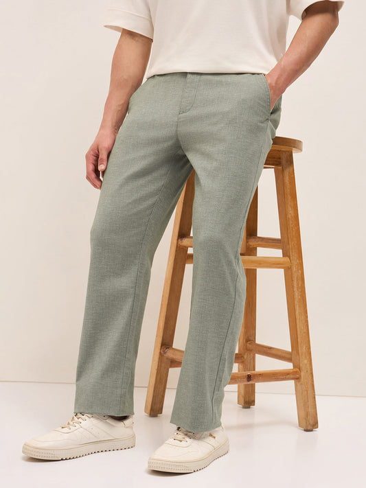 Olive Solid Straight Fit Casual Trousers with Hidden Drawstring