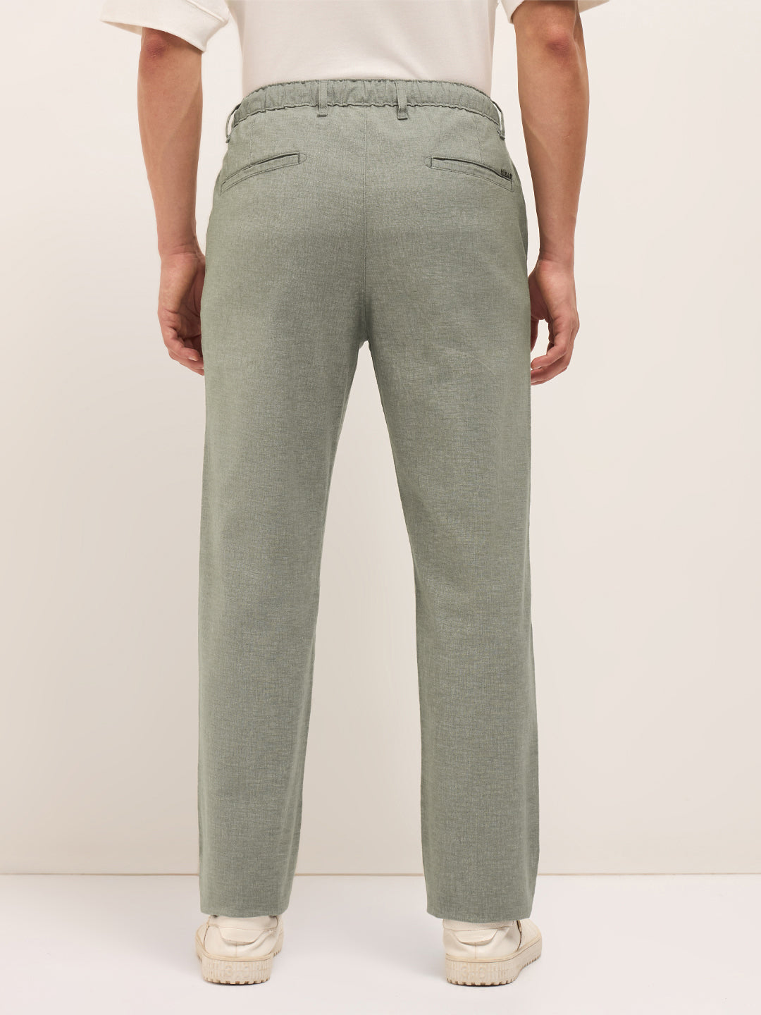 Olive Solid Straight Fit Casual Trousers with Hidden Drawstring