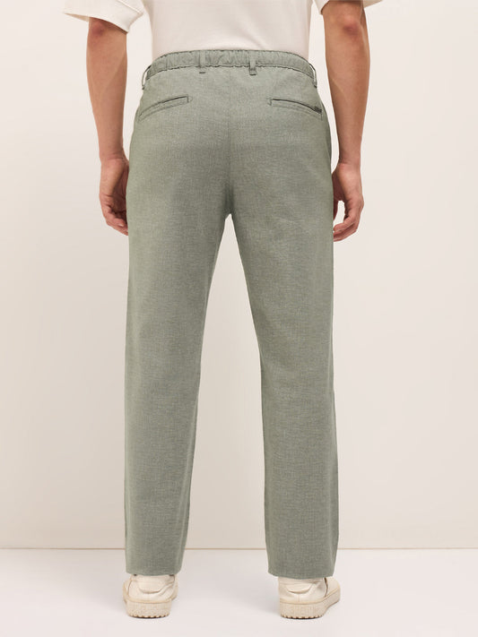 Olive Solid Straight Fit Casual Trousers with Hidden Drawstring