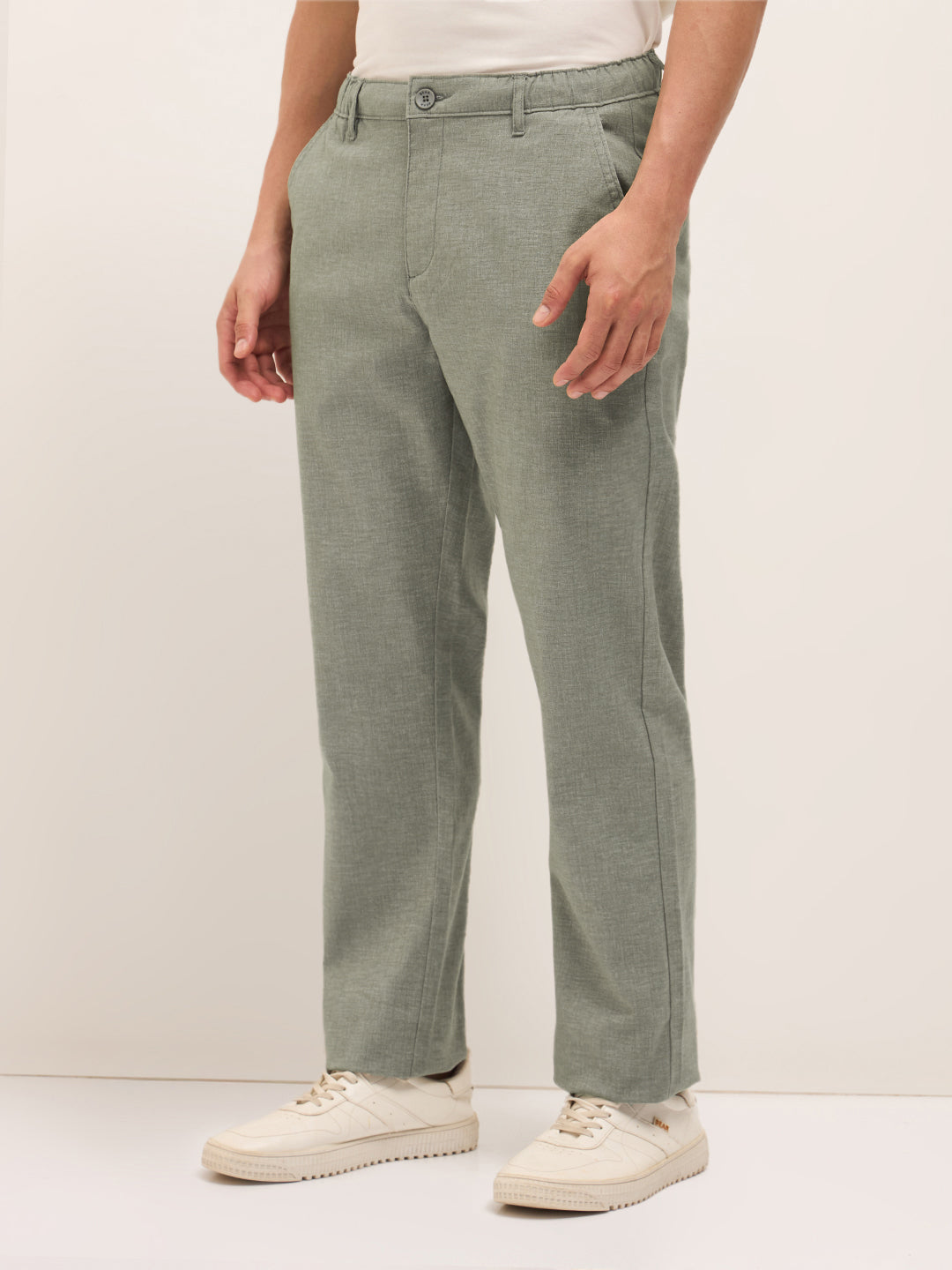 Olive Solid Straight Fit Casual Trousers with Hidden Drawstring