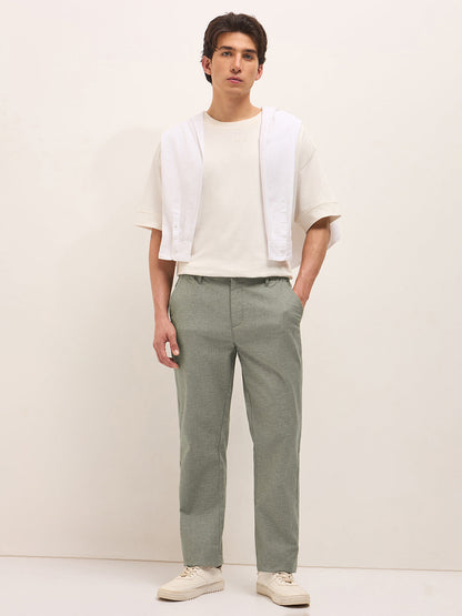 Olive Solid Straight Fit Casual Trousers with Hidden Drawstring