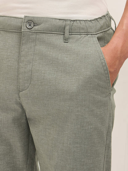 Olive Solid Straight Fit Casual Trousers with Hidden Drawstring