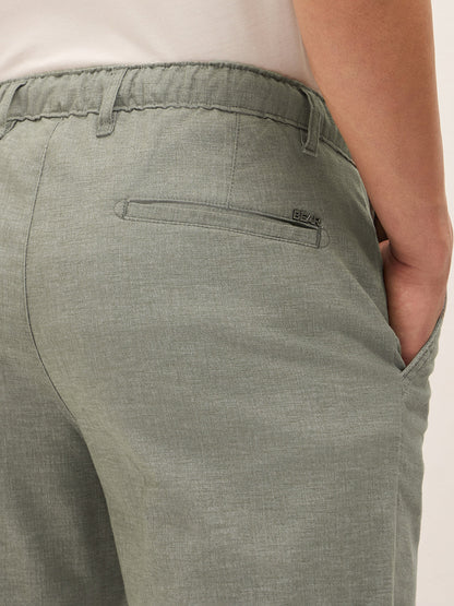 Olive Solid Straight Fit Casual Trousers with Hidden Drawstring