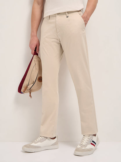 Cream Straight Fit Casual Trousers with Contrast Striped Waistband