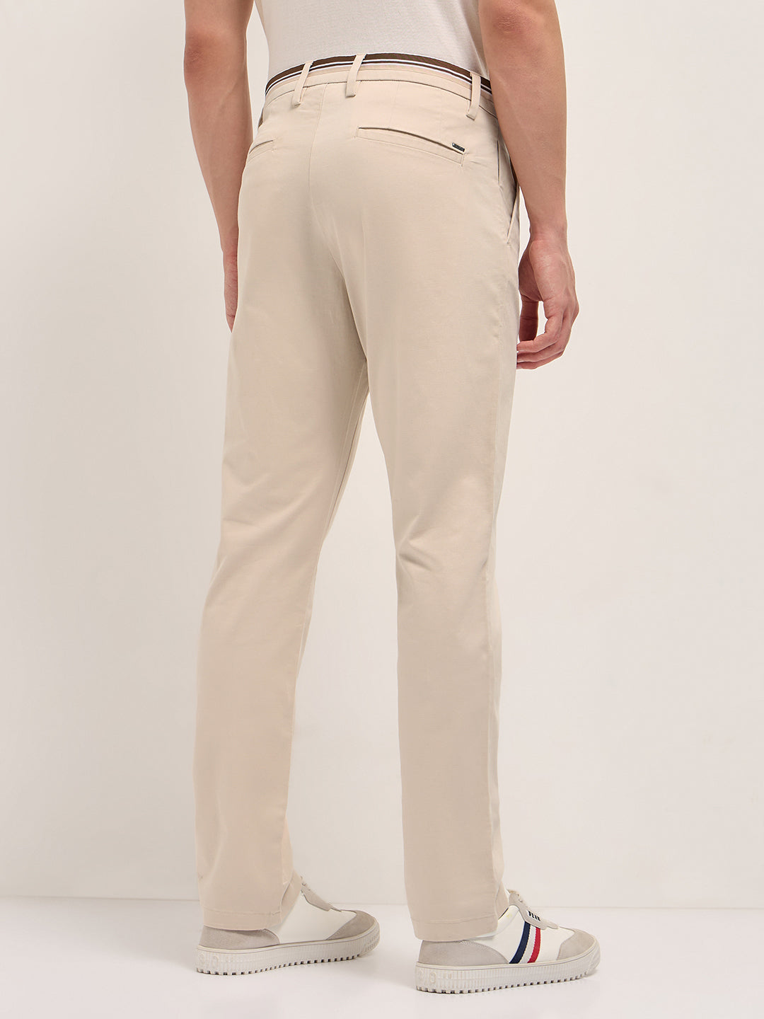 Cream Straight Fit Casual Trousers with Contrast Striped Waistband