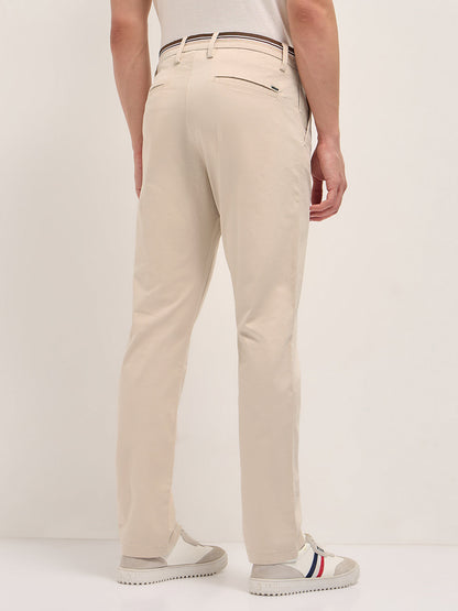 Cream Straight Fit Casual Trousers with Contrast Striped Waistband