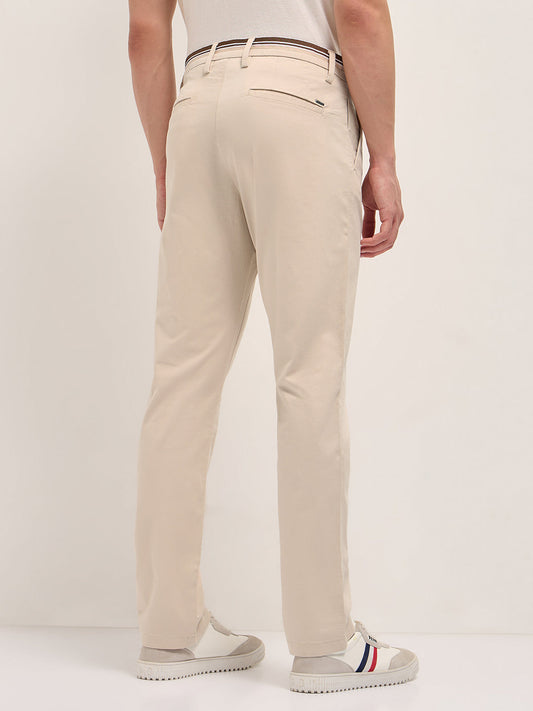 Cream Straight Fit Casual Trousers with Contrast Striped Waistband